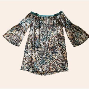 NWOT New Glam American Made Off-Shoulder Boho Print Dress Bell Sleeves Size S